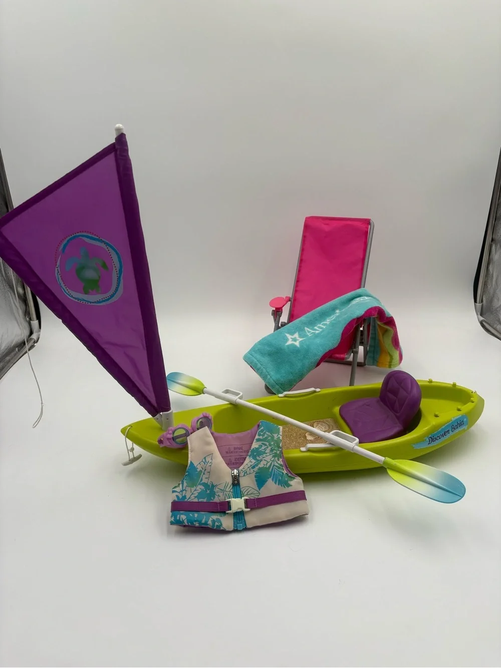 American Girl‎ Lea Ocean Kayak Set Retired Kayak Sail Paddle Chair Tow